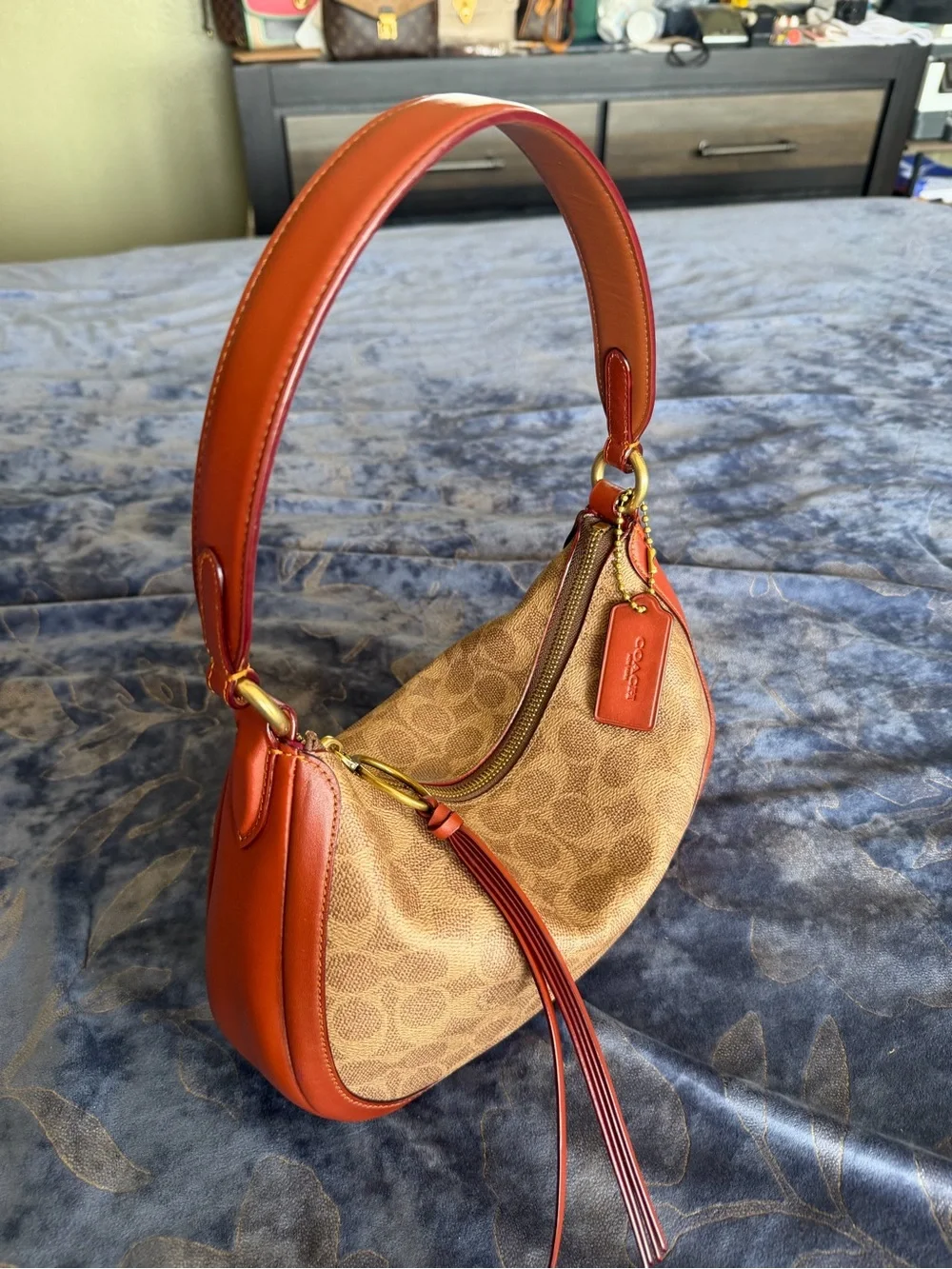 Coach Brown Signature Canvas Hobo with Burnt Orange Leather Trim